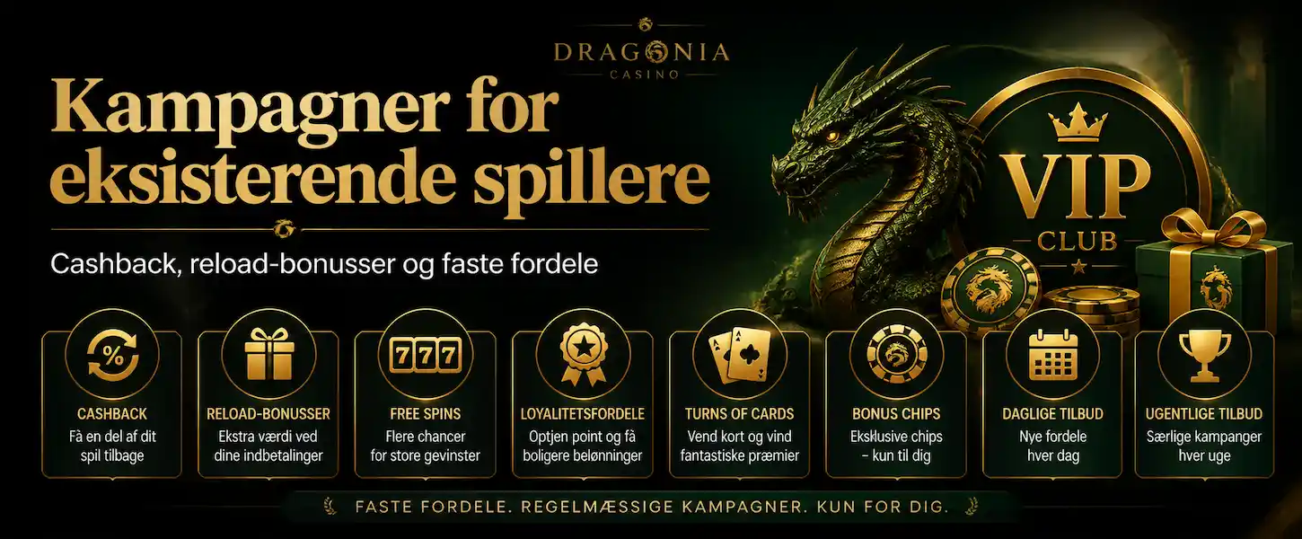 Kampagner for eksisterende spillere hos Dragonia Casino med cashback, bonusser og eksklusive fordele til Danmark.